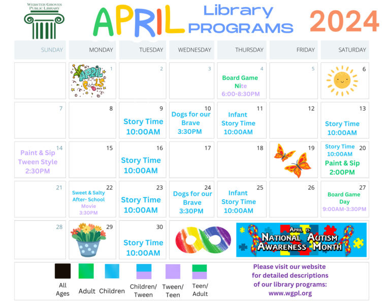 April 2024 Calendar Webster Groves Public Library